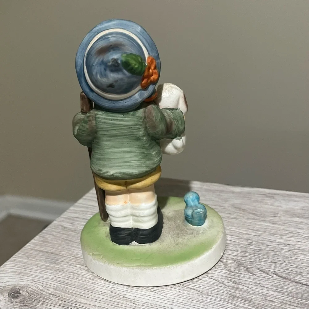 Vintage Boy Shepherd Hiker White Dog Blue Bird Figurine Collectible